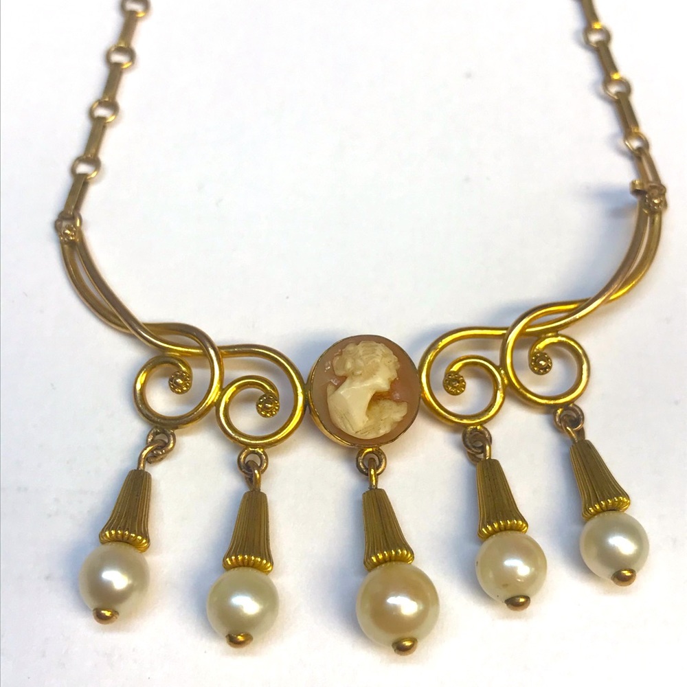 Vintage Gold Filled Cameo and Pearl Necklace